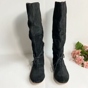 J. SHOES Swing Black Suede Vamp Lace Side Zip Knee High Boots